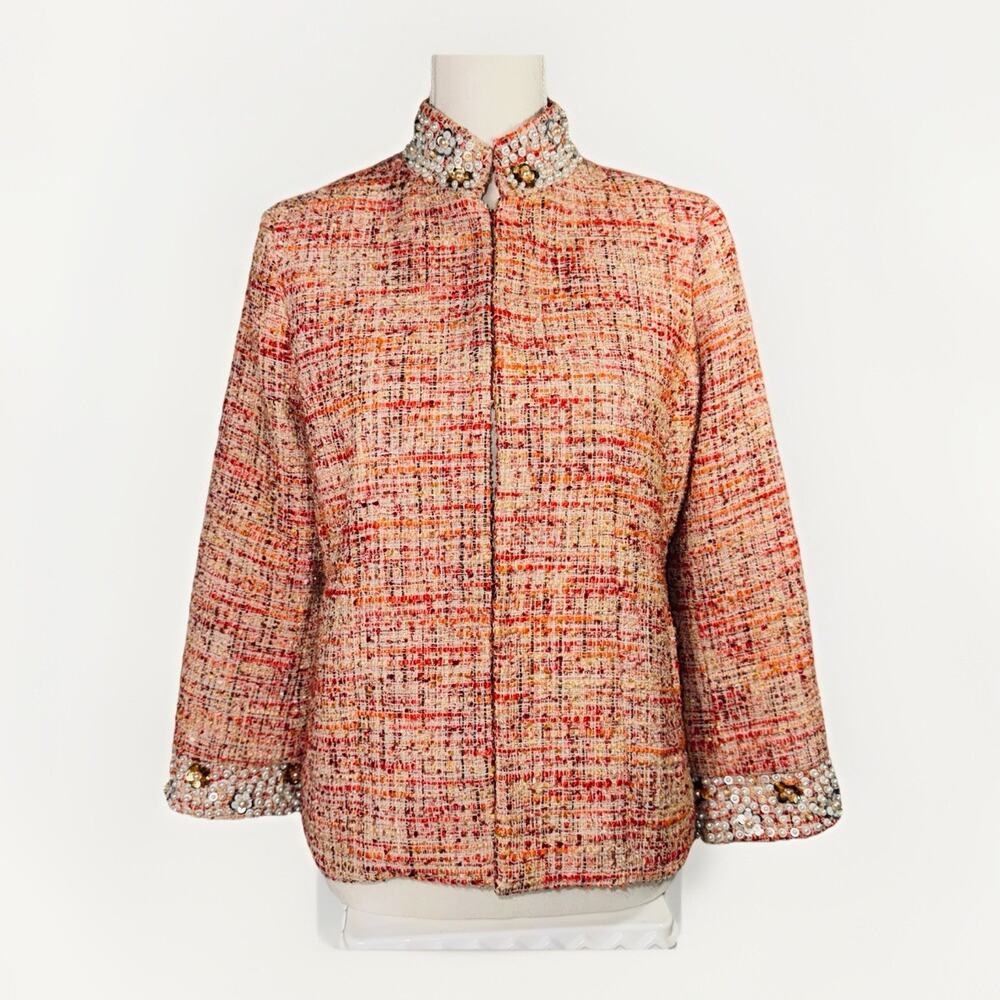 Chico's Size 0 (4/6) Embellished Pearls Tweed Woven Jacket Coral 3/4 Sleeve Coat - Picture 1 of 11